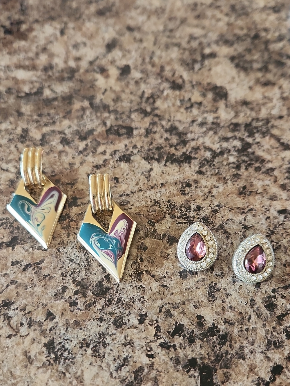 Gold-Tone Enamel Hinge Teardrop & Amethyst Stone Teardrop Earrings